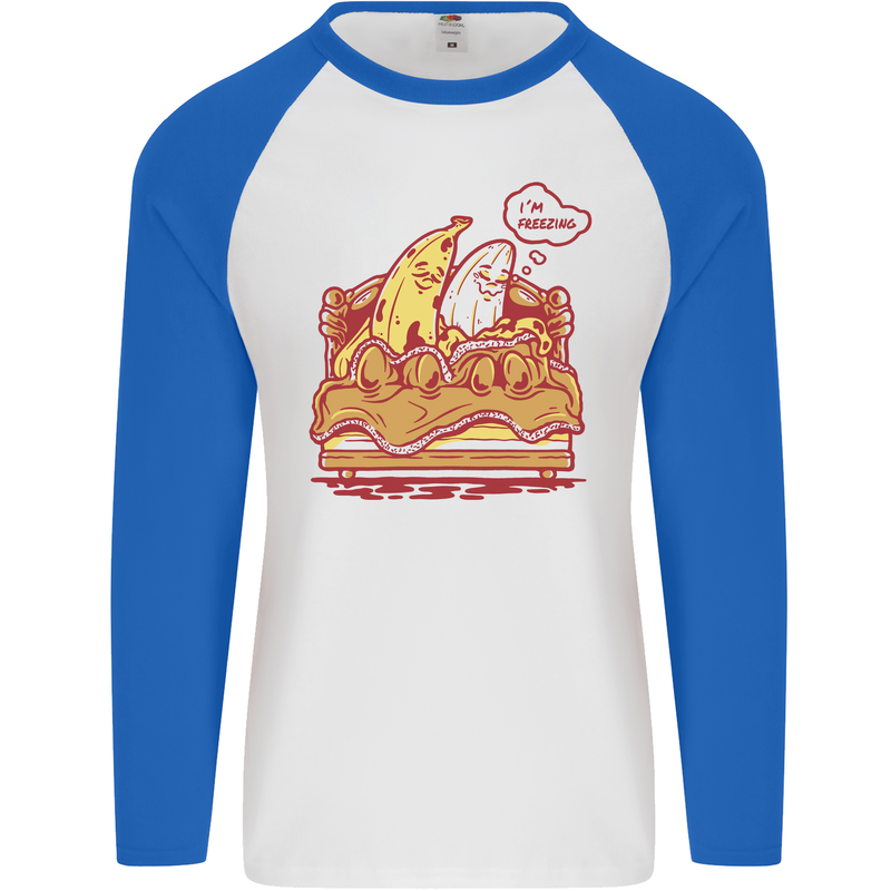 A Naked Banana Cold in Bed Mens L/S Baseball T-Shirt White/Royal Blue