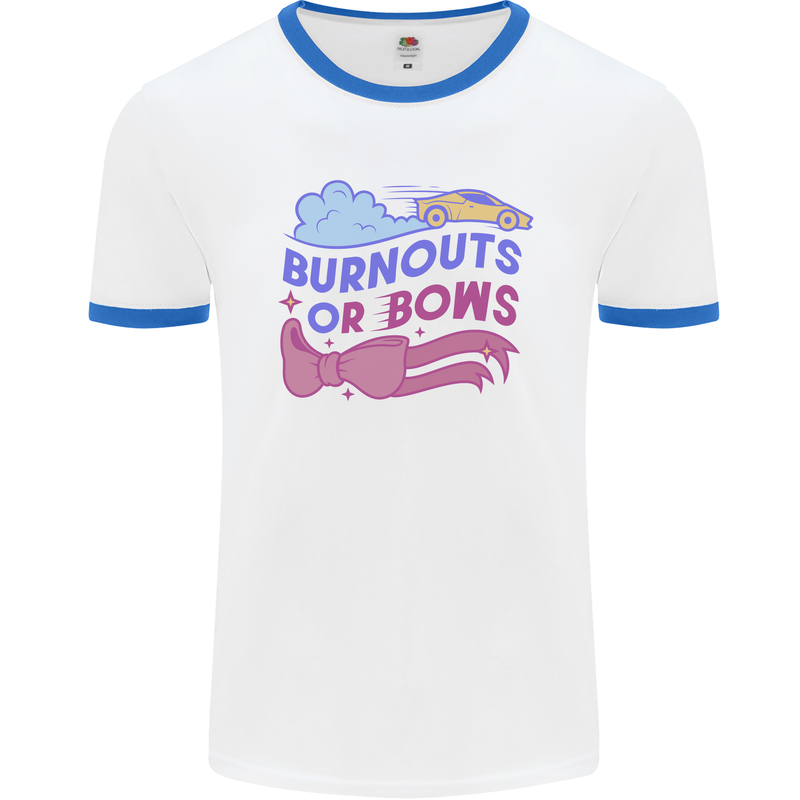 Burnouts or Bows Gender Reveal New Baby Pregnant Mens Ringer T-Shirt White/Royal Blue