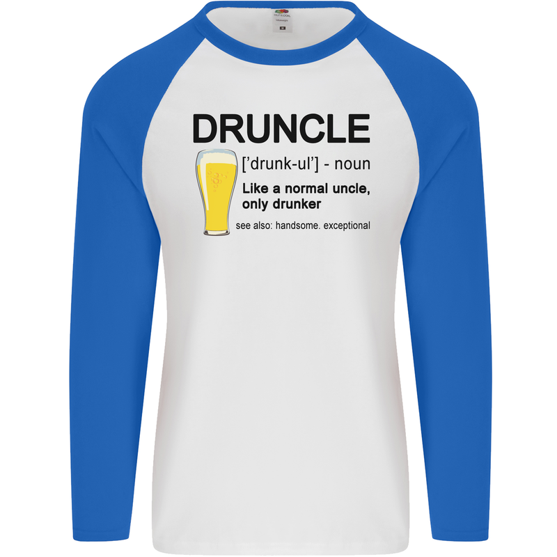 Druncle Uncle Funny Beer Alcohol Day Mens L/S Baseball T-Shirt White/Royal Blue