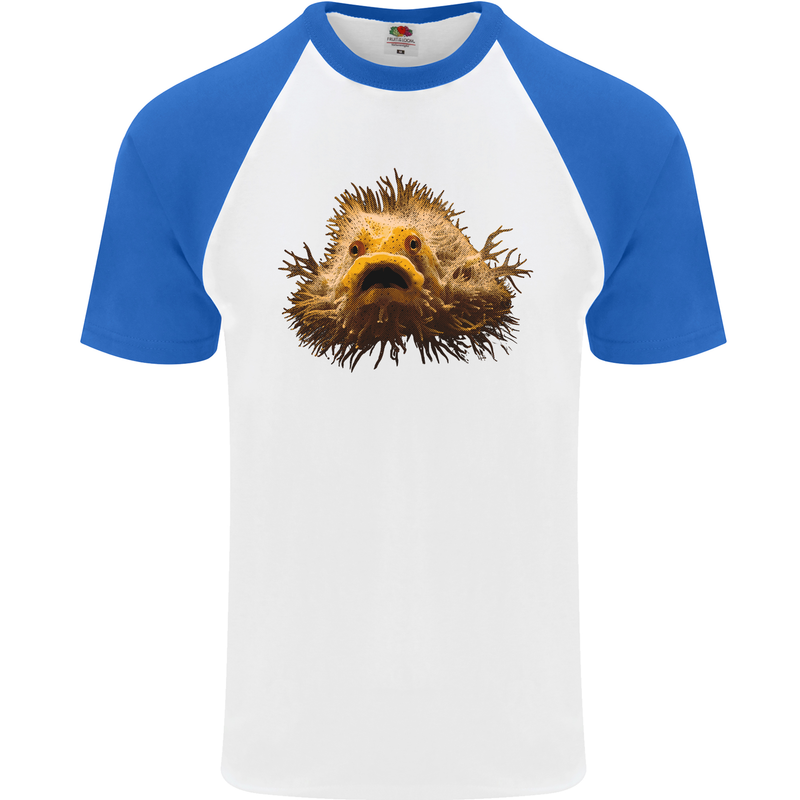 A Hairy Frogfish Mens S/S Baseball T-Shirt White/Royal Blue