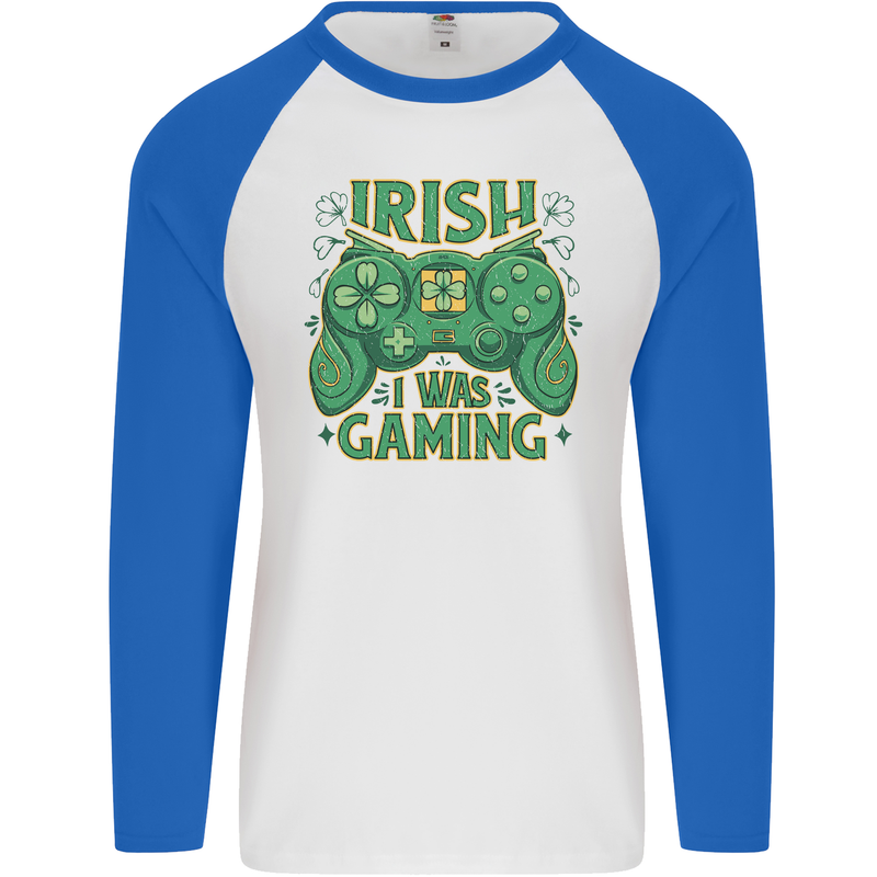 Irish I Was Gaming St Patricks Day Gamer Mens L/S Baseball T-Shirt White/Royal Blue