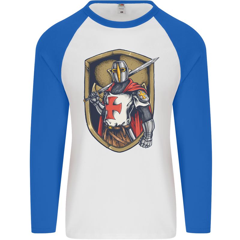 Knights Templar England St Georges Day Mens L/S Baseball T-Shirt White/Royal Blue