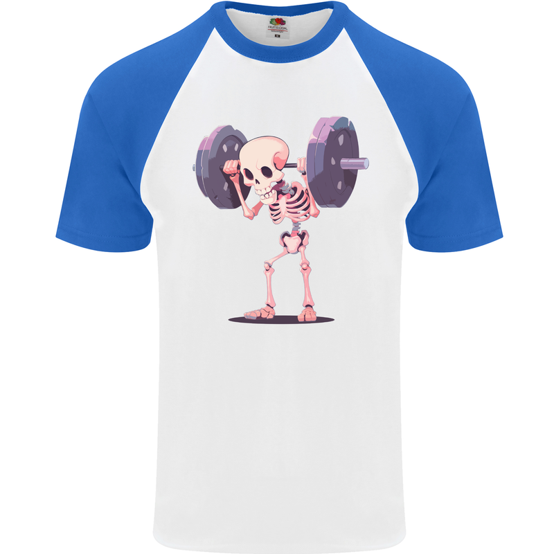 Gym Skeleton Bodybuilding Training Top Mens S/S Baseball T-Shirt White/Royal Blue