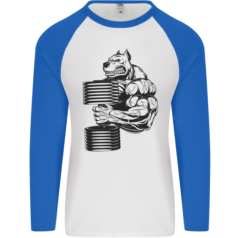 Bulldog Gym Training Top Weightlifting Mens L/S Baseball T-Shirt White/Royal Blue