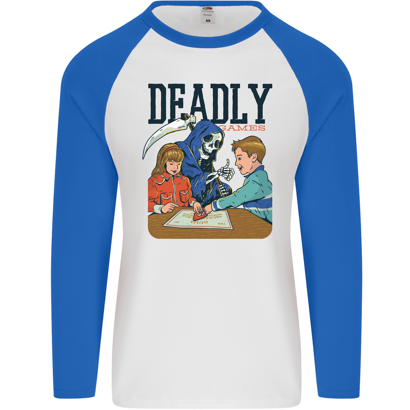 Deadly Games Ouija Board For Kids Grim Reaper Mens L/S Baseball T-Shirt White/Royal Blue