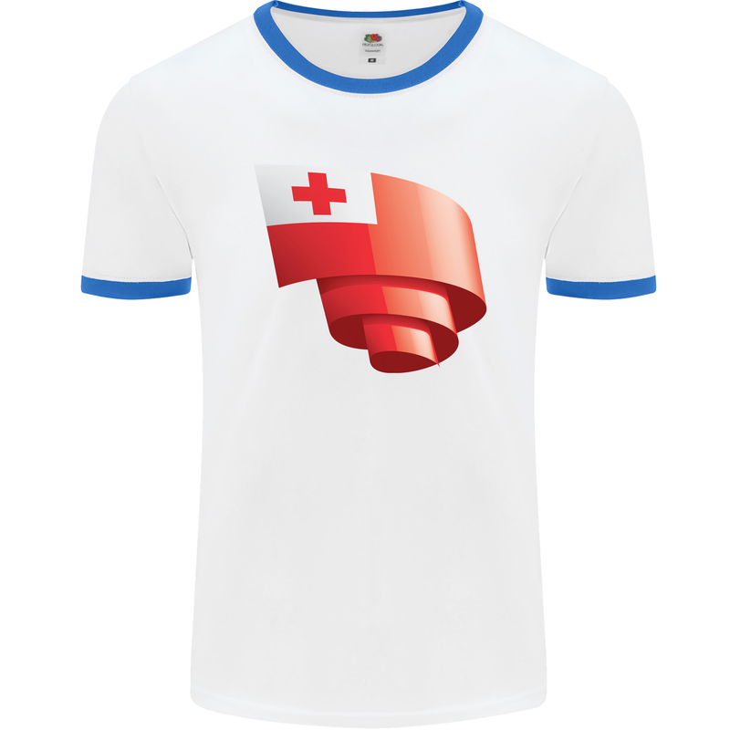 Curled Tongo Flag Tongan Day Football Mens Ringer T-Shirt White/Royal Blue