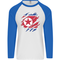 Torn North Korea Flag Korean Day Football Mens L/S Baseball T-Shirt White/Royal Blue