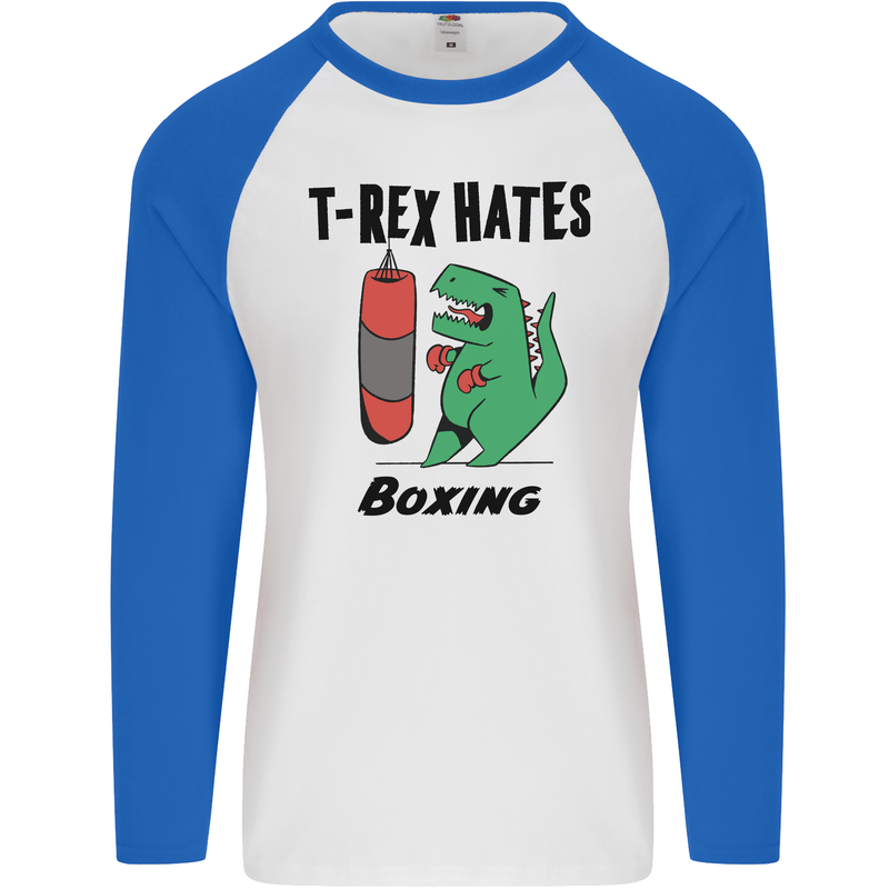 T-Rex Hates Boxing Funny Boxer MMA Sport Mens L/S Baseball T-Shirt White/Royal Blue