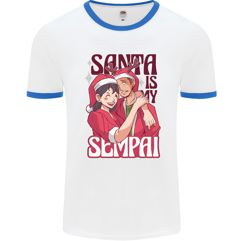 Santa is My Sempai Funny Anime Christmas Xmas Mens Ringer T-Shirt White/Royal Blue