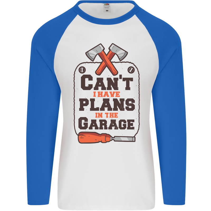 Plans In the Garage Carpentry DIY Tradesman Mens L/S Baseball T-Shirt White/Royal Blue