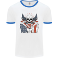 USA Biker Skull Motorcycle Motorbike Flag Mens Ringer T-Shirt White/Royal Blue