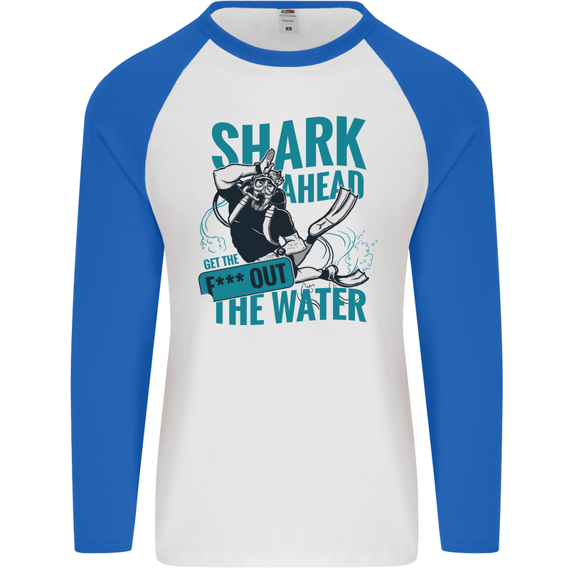 Shark Ahead Funny Diver Scuba Diving Mens L/S Baseball T-Shirt White/Royal Blue