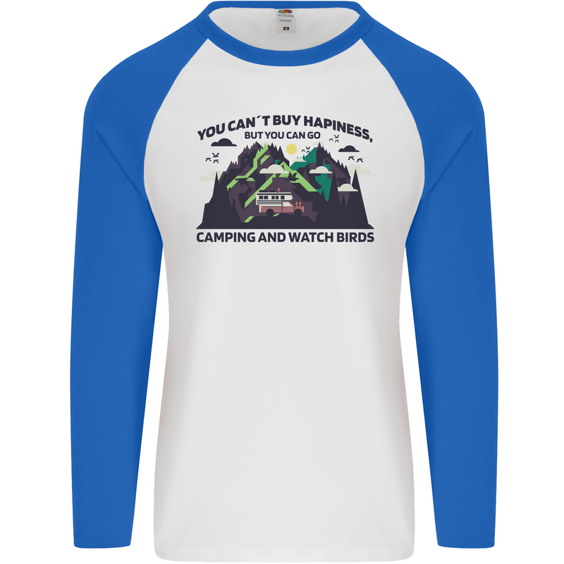 Camping & Bird Watching Funny Mens L/S Baseball T-Shirt White/Royal Blue