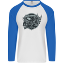 King of the Road Motorcycle Skull Biker Mens L/S Baseball T-Shirt White/Royal Blue
