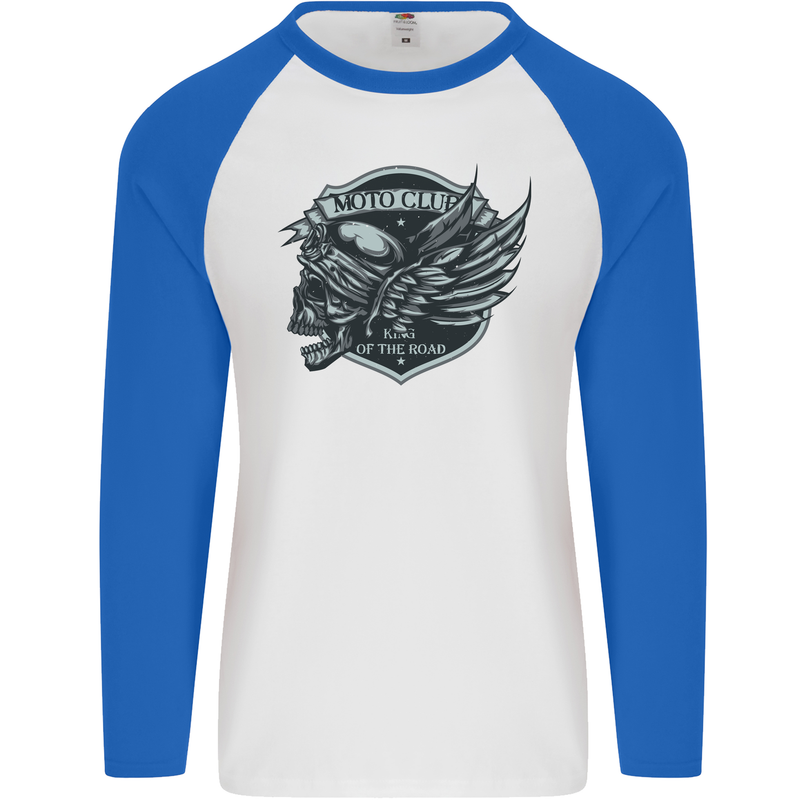 King of the Road Motorcycle Skull Biker Mens L/S Baseball T-Shirt White/Royal Blue