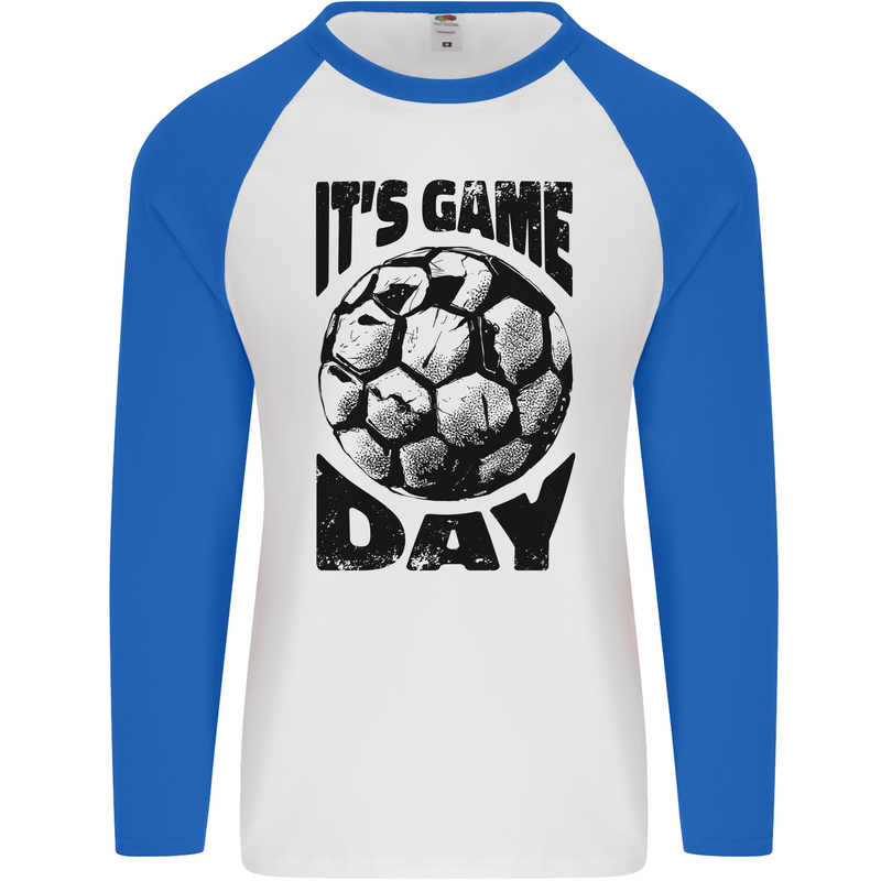 Football Its Game Day Soccer Mens L/S Baseball T-Shirt White/Royal Blue