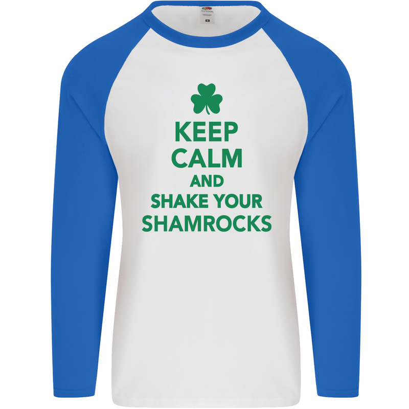 Keep Calm & Shamrocks St. Patrick's Day Mens L/S Baseball T-Shirt White/Royal Blue