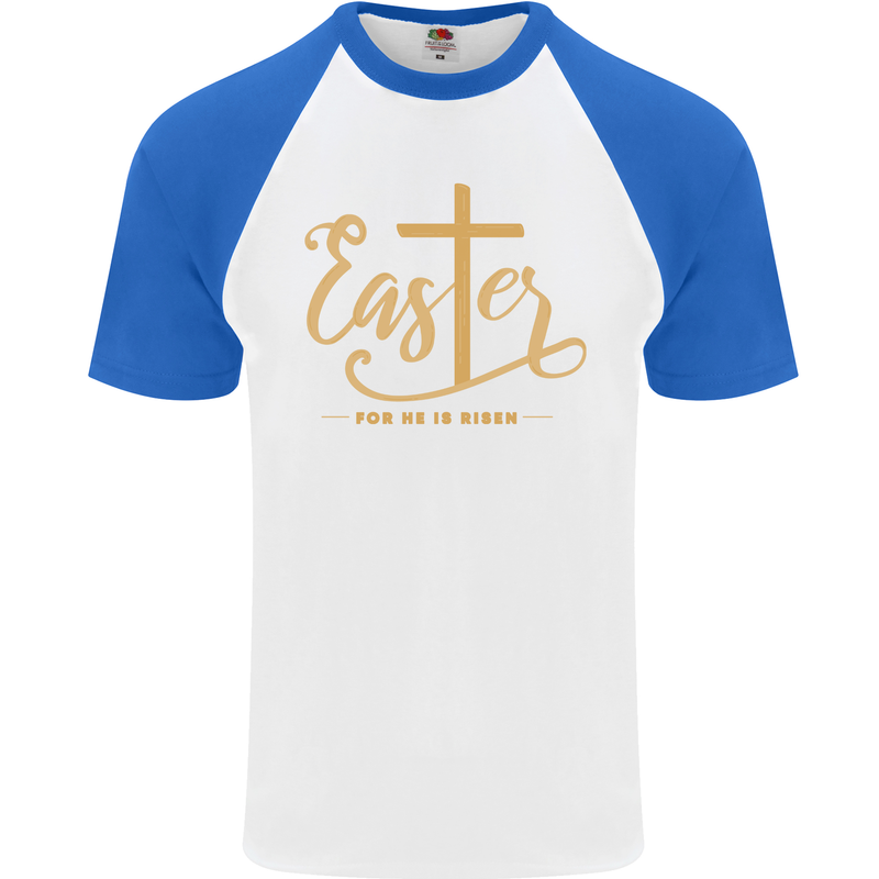 Easter For He is Risen Christian Christianity Jesus Mens S/S Baseball T-Shirt White/Royal Blue