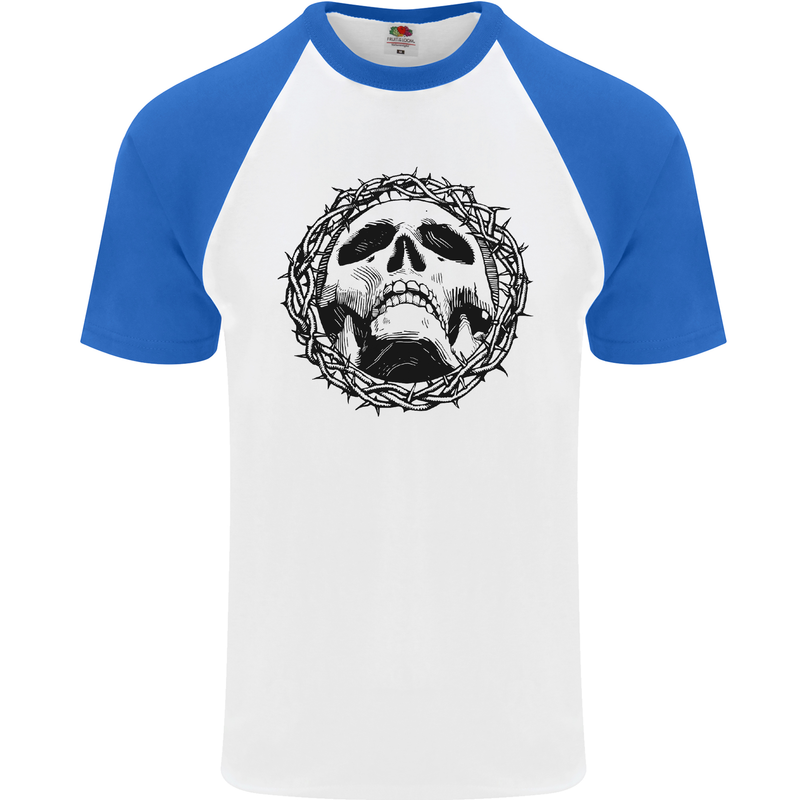 A Skull in Thorns Gothic Christ Jesus Mens S/S Baseball T-Shirt White/Royal Blue