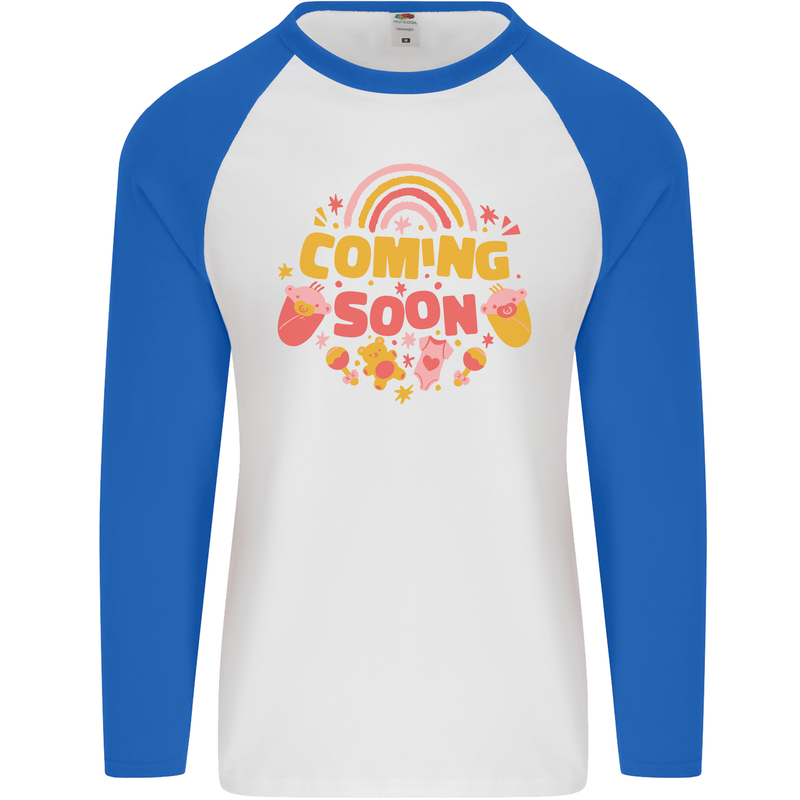 Coming Soon New Baby Pregnancy Pregnant Mens L/S Baseball T-Shirt White/Royal Blue