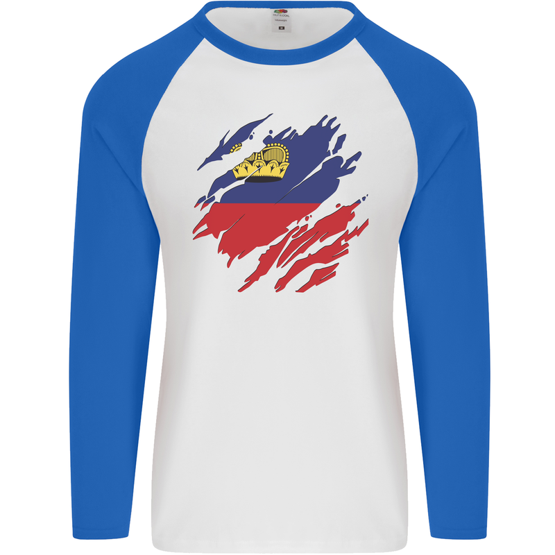 Torn Liechtenstein Flag Liechtensteiner Day Football Mens L/S Baseball T-Shirt White/Royal Blue