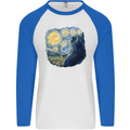 Cat Vangogh Funny Feline Painting Mens L/S Baseball T-Shirt White/Royal Blue