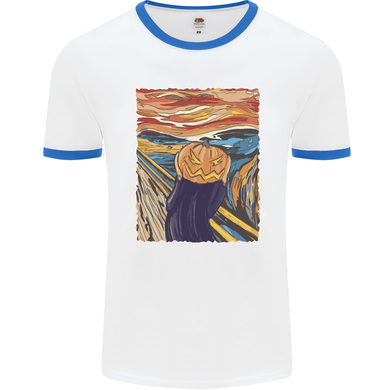 Pumpkin Scream Painting Halloween Mens Ringer T-Shirt White/Royal Blue