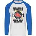 Raising the Steaks Funny BBQ Grill Mens L/S Baseball T-Shirt White/Royal Blue