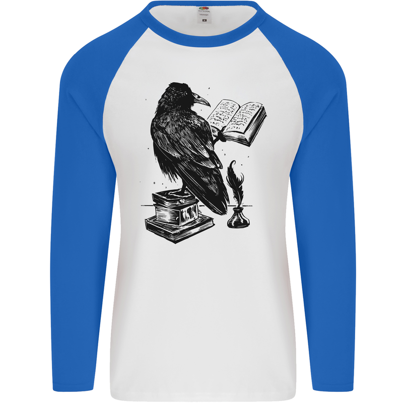 A Raven Reading a Book Literature Mens L/S Baseball T-Shirt White/Royal Blue