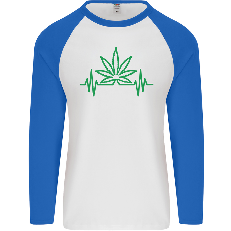 Weed Pulse Heart Cannabis Drugs ECG Mens L/S Baseball T-Shirt White/Royal Blue