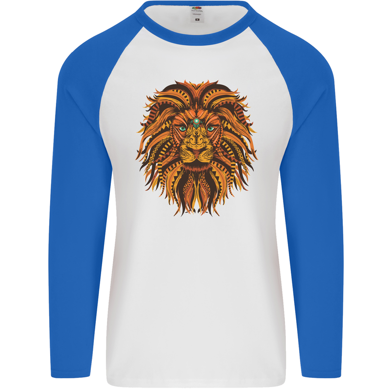 Mandala Art Lion Mens L/S Baseball T-Shirt White/Royal Blue