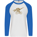 T-Rex Dinosaure Riding a Bicycle Cycling Mens L/S Baseball T-Shirt White/Royal Blue