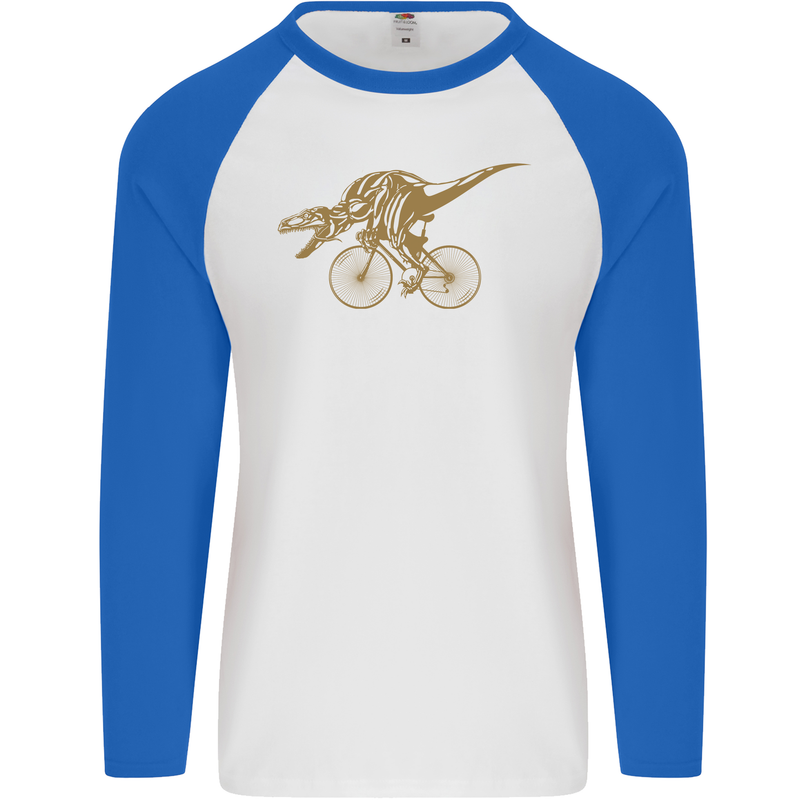 T-Rex Dinosaure Riding a Bicycle Cycling Mens L/S Baseball T-Shirt White/Royal Blue