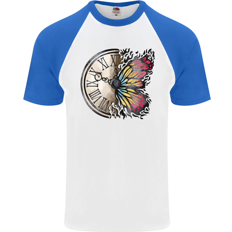 Butterfly Clock Mens S/S Baseball T-Shirt White/Royal Blue