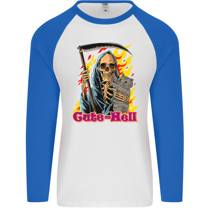 Cute Hell Cat Grim Reaper Skull Halloween Mens L/S Baseball T-Shirt White/Royal Blue