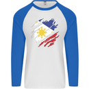 Torn Philippines Flag Philipino Day Football Mens L/S Baseball T-Shirt White/Royal Blue