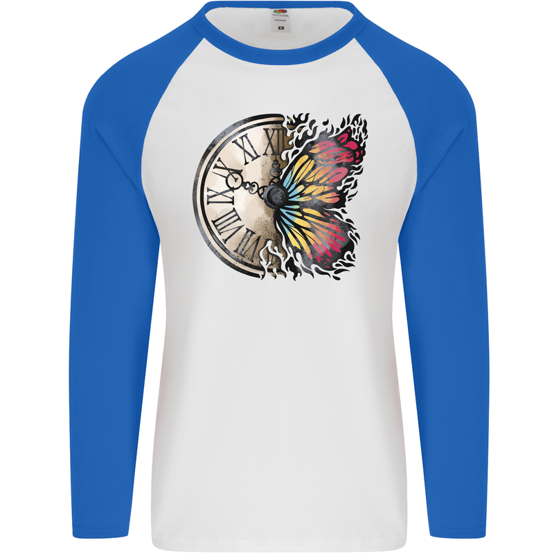 Butterfly Clock Mens L/S Baseball T-Shirt White/Royal Blue