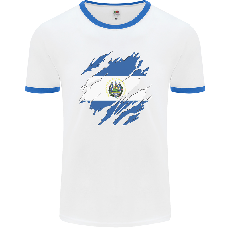 Torn Salvador Flag Salvadoran Day Football Mens Ringer T-Shirt White/Royal Blue