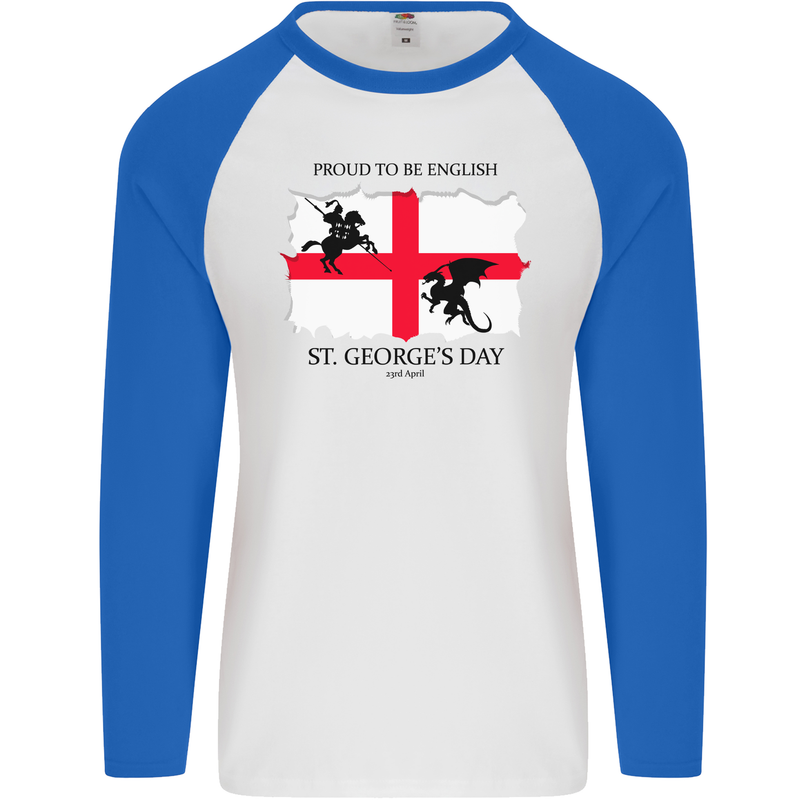 Proud to Be English St Georges Day Flag Mens L/S Baseball T-Shirt White/Royal Blue