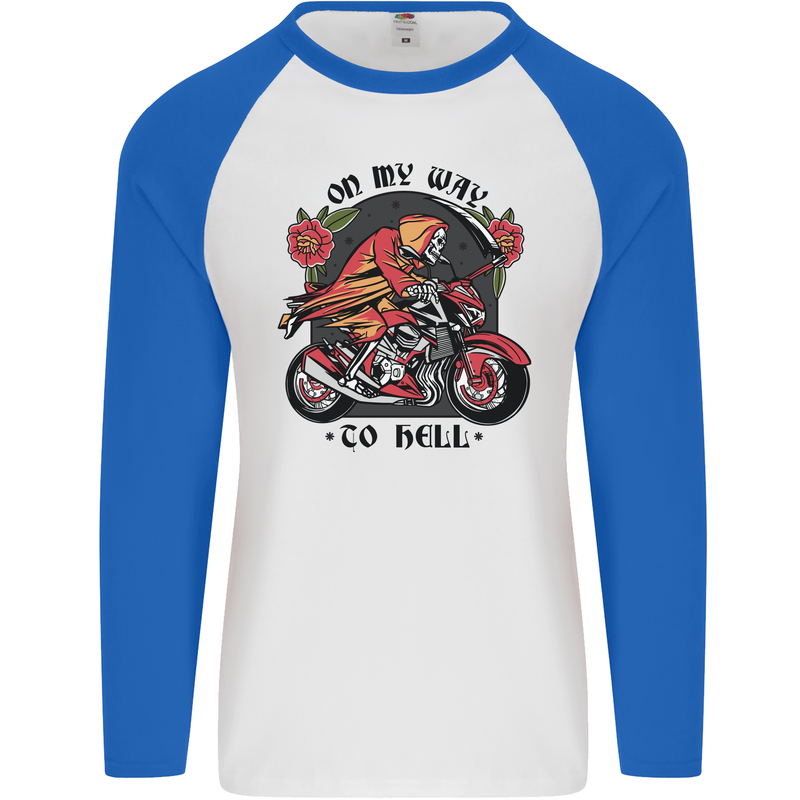 Biker On My Way to Hell Motorbike Skull Mens L/S Baseball T-Shirt White/Royal Blue