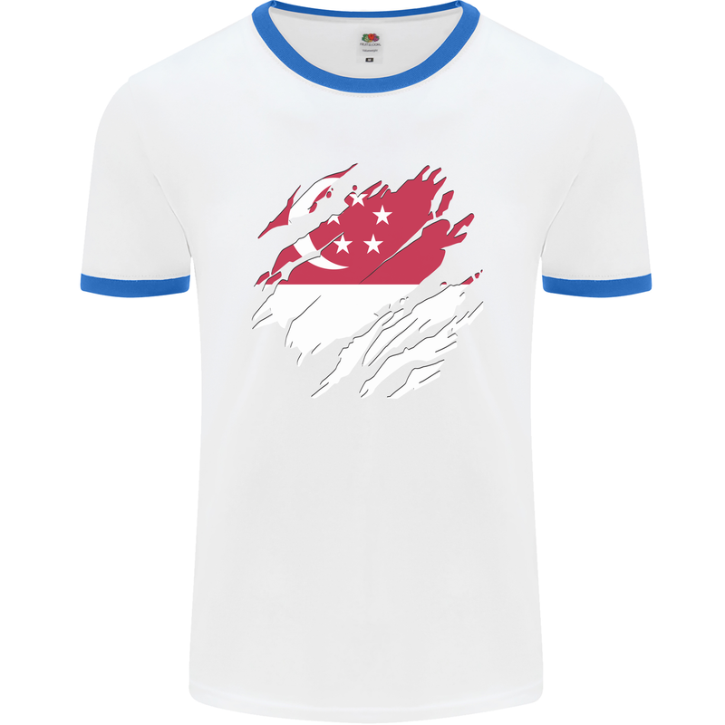 Torn Singapore Flag Singaporean Day Football Mens Ringer T-Shirt White/Royal Blue