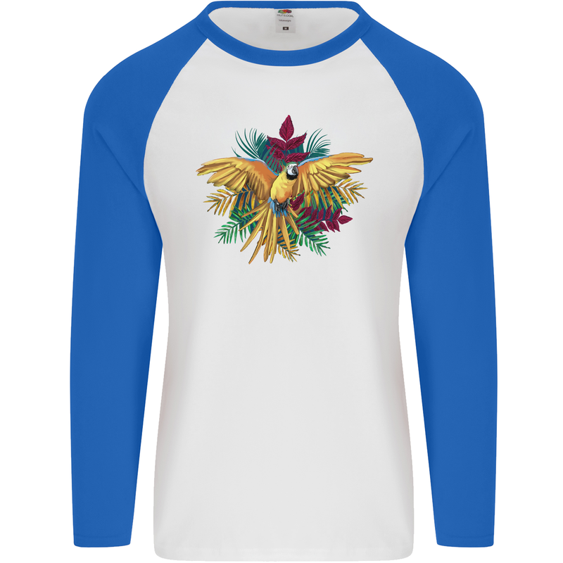 Maacaw Parrot In the Jungle Mens L/S Baseball T-Shirt White/Royal Blue