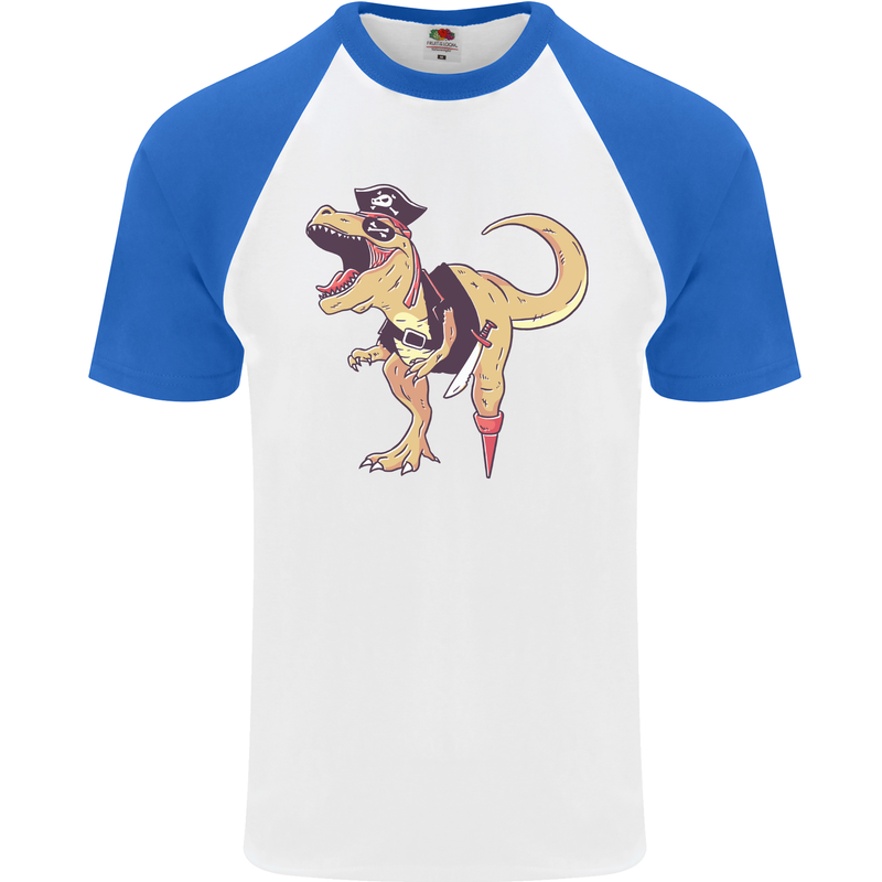 Pirate T-Rex Funny Dinosaur Mens S/S Baseball T-Shirt White/Royal Blue