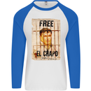 Free El Chapo Cocaine Drugs Cartel Mens L/S Baseball T-Shirt White/Royal Blue
