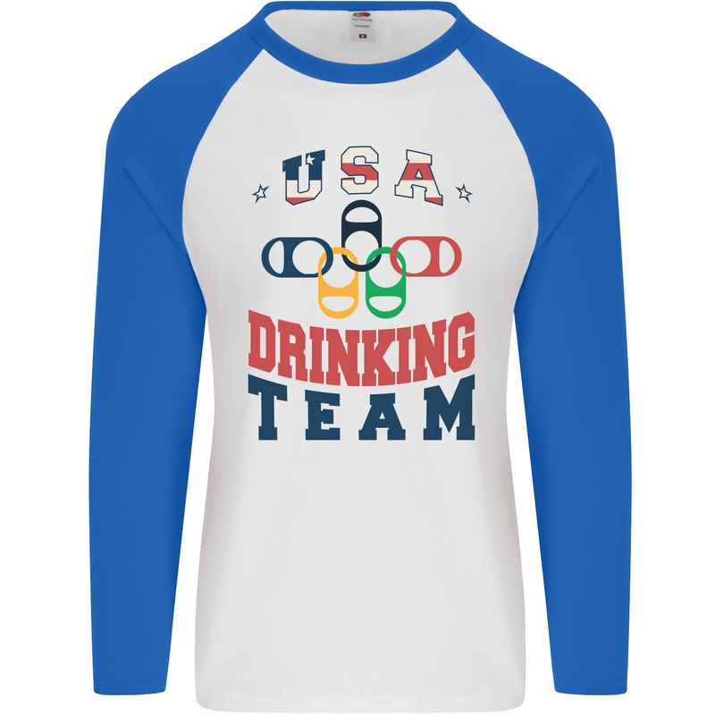 USA Drinking Team Funny Bachelor Party Beer Mens L/S Baseball T-Shirt White/Royal Blue