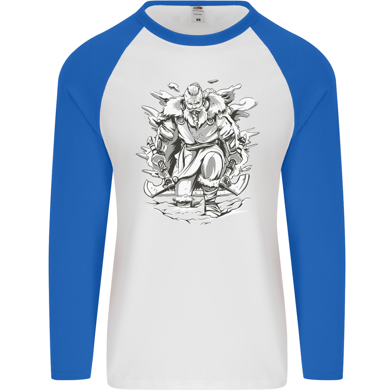 Viking Warrior Valhalla Odin Axe Gym God Mens L/S Baseball T-Shirt White/Royal Blue