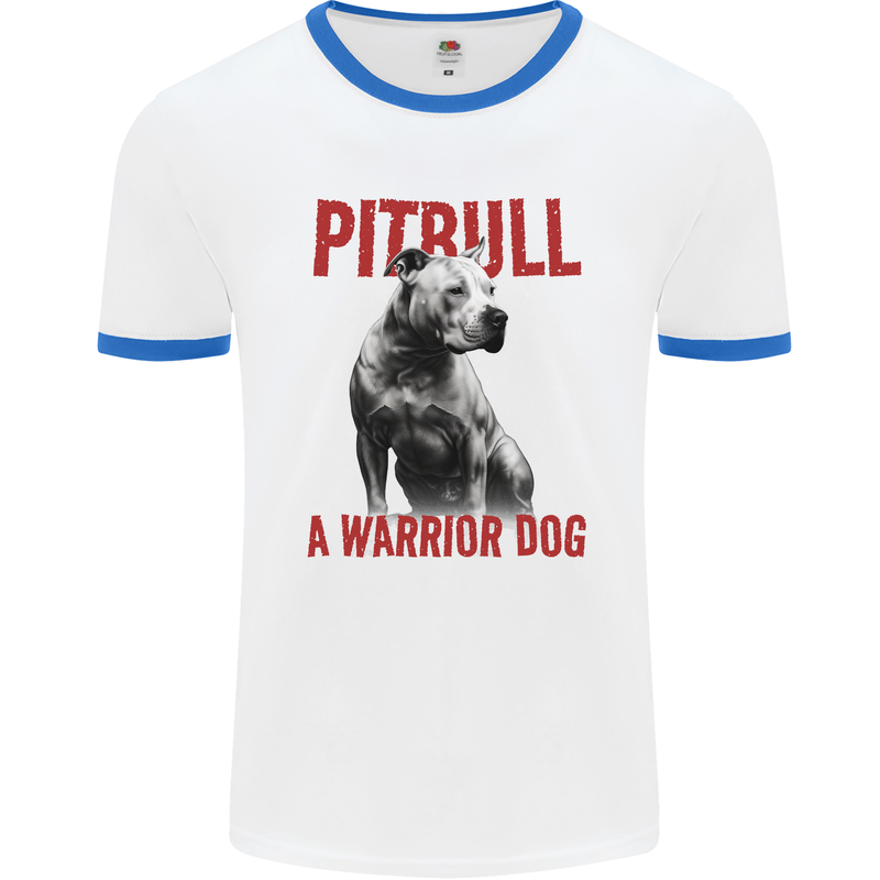 Pitbull Warrior Dog Mens Ringer T-Shirt White/Royal Blue