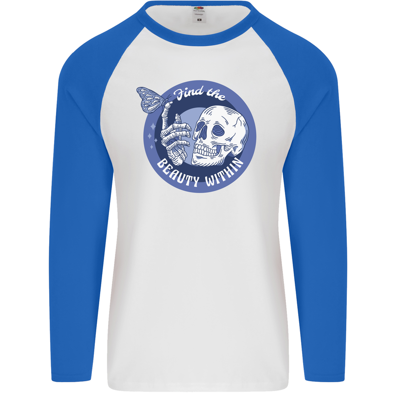 Skull & Butterfly Find the Beauty Within Mens L/S Baseball T-Shirt White/Royal Blue