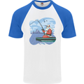 Santa Claus Fishing on a Pier Christmas Mens S/S Baseball T-Shirt White/Royal Blue