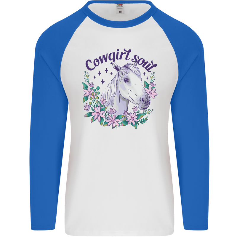 Cowgirl Soul Equestrian Horse Mens L/S Baseball T-Shirt White/Royal Blue